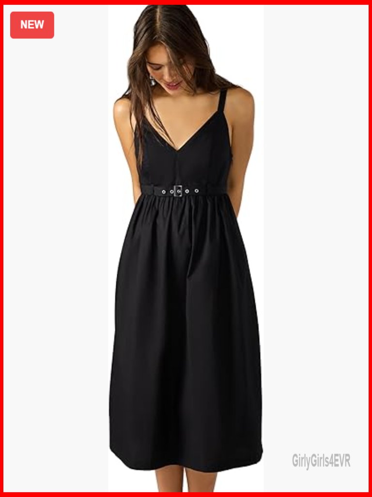 Womens Fit & Flare Midi Dress Cotton Sleeveless V-Neck Pull On